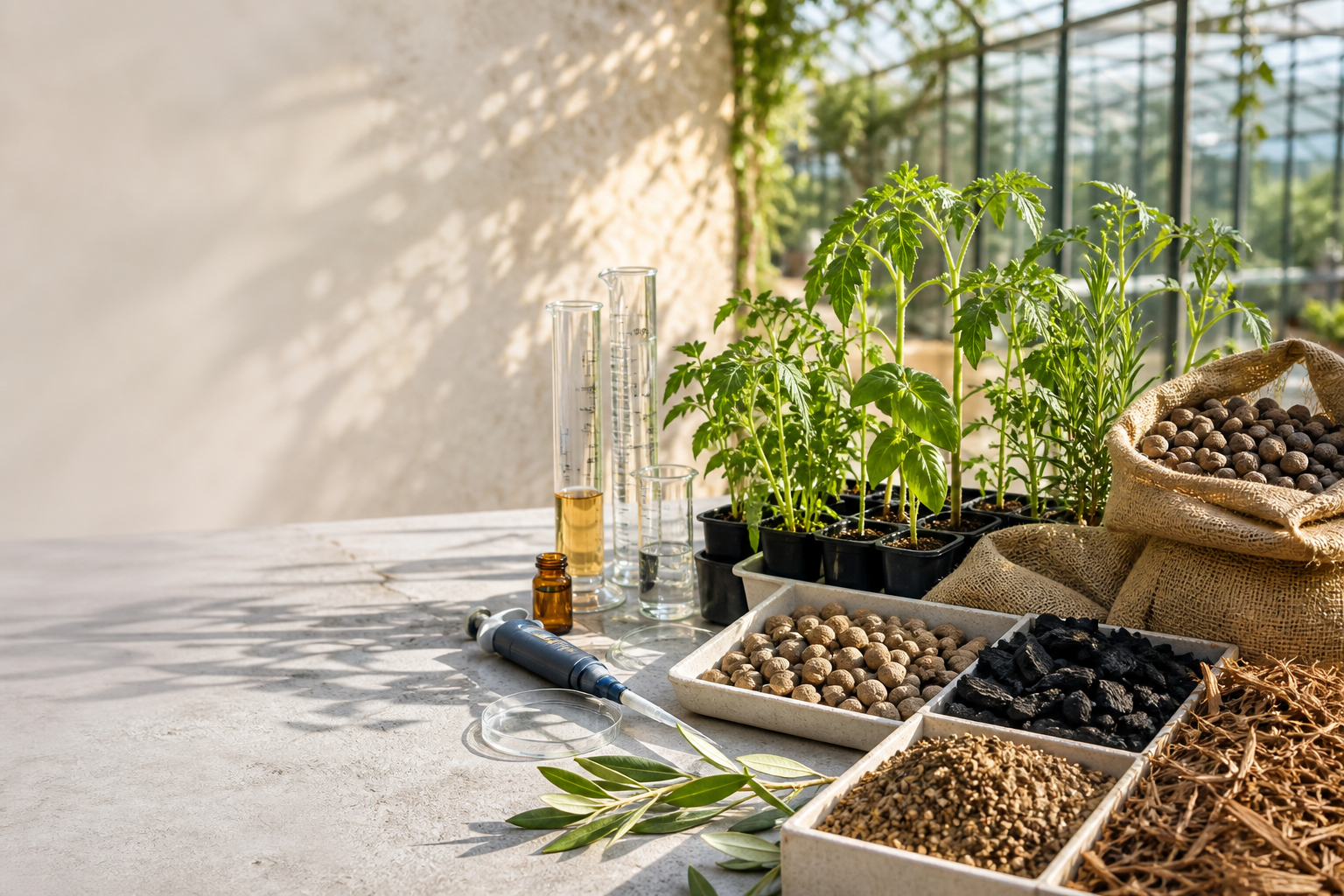 Mediterranean seedlings, olive stones and growing tools arranged in warm sunlight